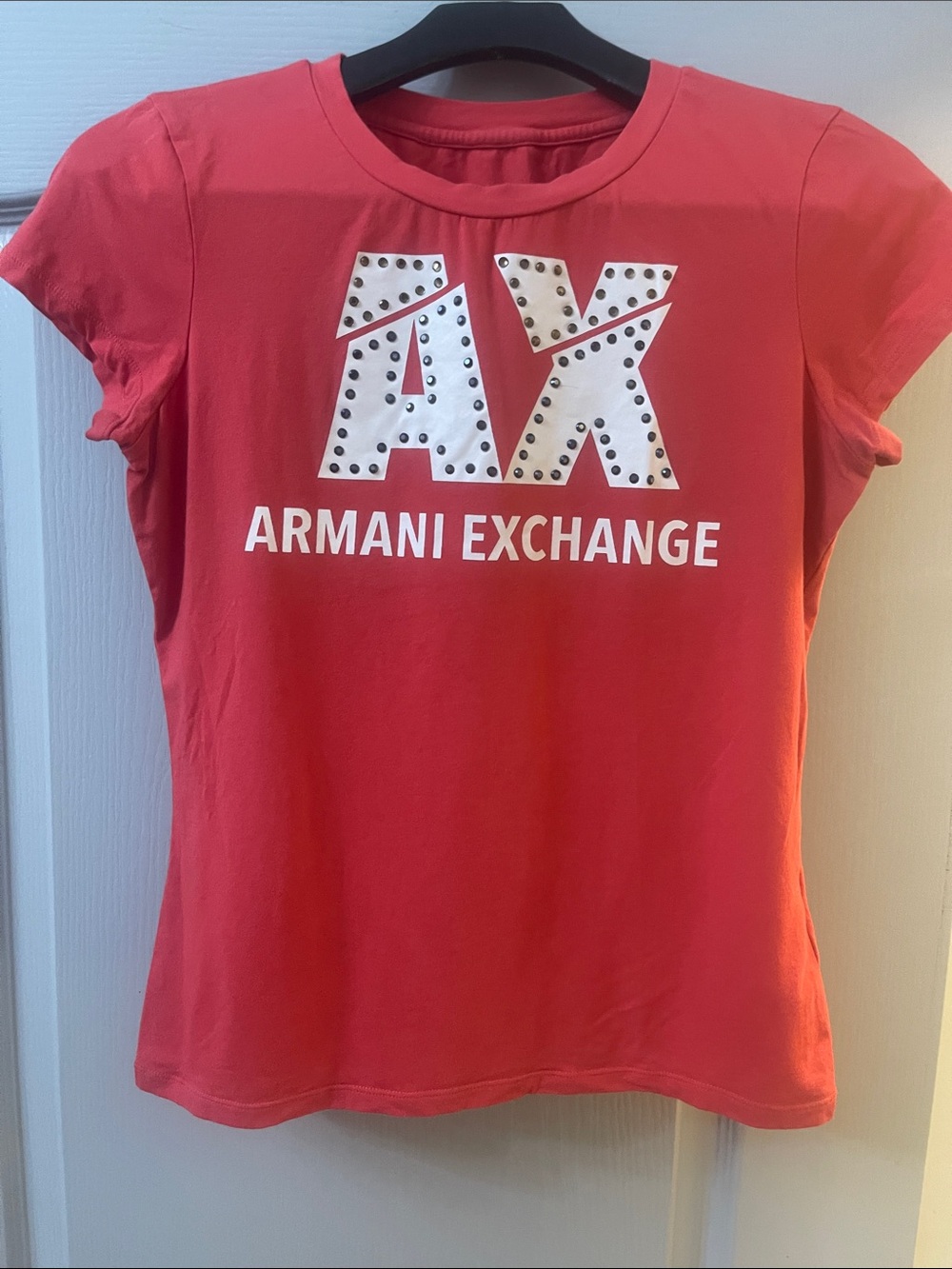Armani Exchange Coral Pink Logo Studded Short Sleeve Tee